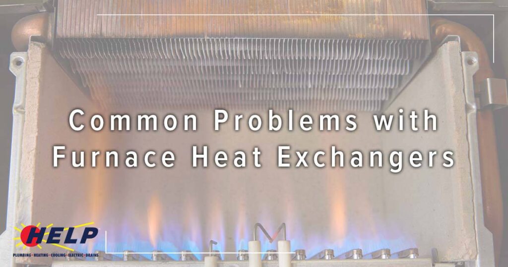 Furnace heat exchanger with lit burners, overlaid text: "Common Problems with Furnace Heat Exchangers," and a company logo in the corner.