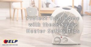 Space heater on a wooden floor with the text "Enhance Your Space Heater Safety: Essential Tips to Protect Your Home" overlaid. Logo in the bottom left corner.