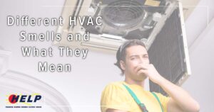 Person covering nose under an open HVAC vent, with the text "What Different HVAC Smells Mean" and a company logo.