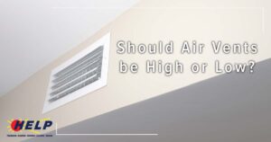 A wall features an air vent near the ceiling with thought-provoking text: "Should Air Vents be High or Low?" A logo is subtly placed in the bottom left corner, inviting viewers to ponder this essential design question.