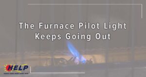 Text reads "The Furnace Pilot Light Keeps Going Out" above an image of a pilot light with a faint blue flame behind metal grating, prompting the question: Should air vents be high or low? Company logo in the bottom left corner.