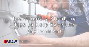 A plumber uses a wrench on pipes, with overlaid text reading "Eco-Friendly Plumbing Tips." Ever wondered, "How Does an Air Conditioner Actually Work?" Learn about sustainable homes and efficient systems that help reduce environmental impact.