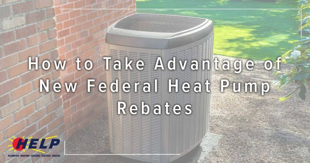 A HELP team-installed heat pump sits by a brick wall, with text: How Does an Air Conditioner Work? Plus Federal Heat Pump Rebates.