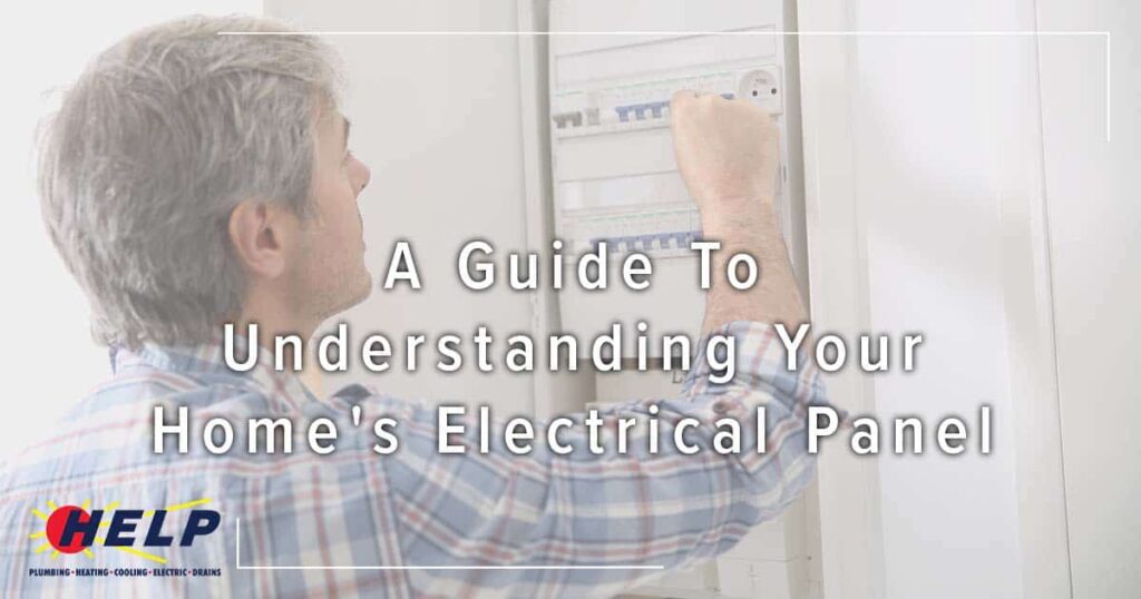 A HELP technician adjusts switches on a home's electrical panel; text overlay says, "A Guide to Understanding Your Home's Electrical Panel.