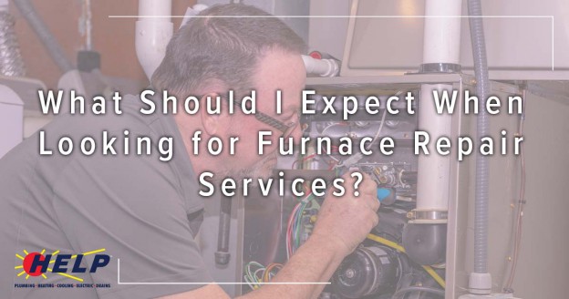 A HELP technician inspects a furnace’s interior, with the question "What Should I Expect When Looking for Furnace Repair?" overlaid.