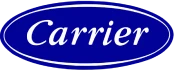 Blue oval logo with the word "Carrier" in white, designed in a script font.