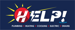 Logo with the word "HELP!" styled with a wrench, electric bolt, and water droplet. Sun graphic on the left. Text below reads: "Plumbing, Heating, Cooling, Electric, Drains." Navy background.