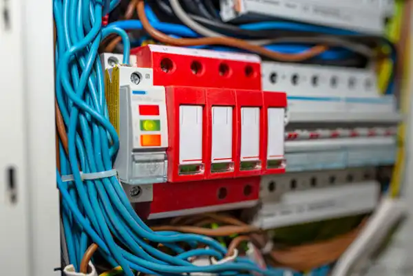 Close-up of a circuit breaker panel with multiple switches and a tangle of blue and brown wires.