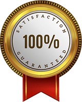 A gold circular badge with "100% Satisfaction Guaranteed" in bold letters on a silver center, bordered by a red ribbon at the bottom.