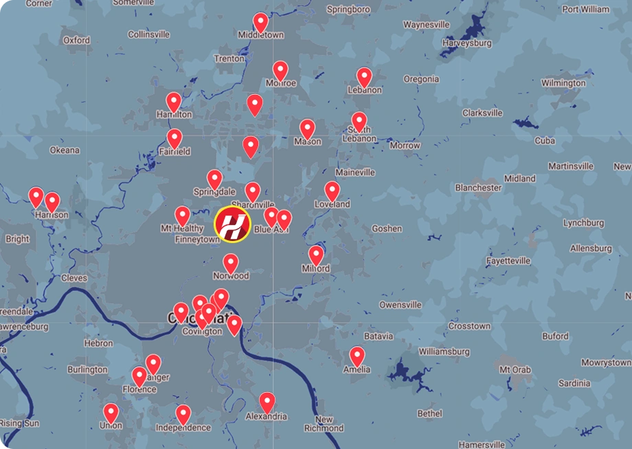 Map showing locations of Frisch's Big Boy restaurants with red markers in the Cincinnati area. Nearby cities include Dayton, Hamilton, Florence, and Middletown.