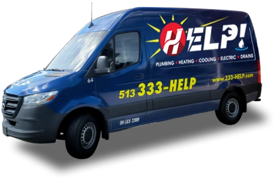 Blue service van with "HELP!" logo and text advertising plumbing, heating, cooling, electric, and drains. Features phone number 513-333-HELP and website 333-HELP.com.