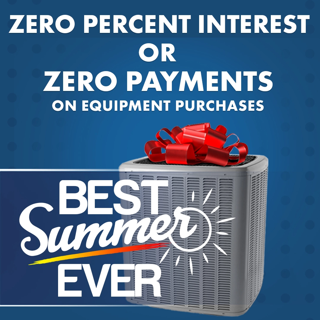 A wrapped HVAC unit with text offering zero percent interest or zero payments on equipment purchases; caption reads "Best Summer Ever.