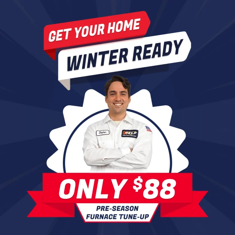 A smiling technician stands with arms crossed under text promoting a $88 pre-season furnace tune-up to get your home winter ready.