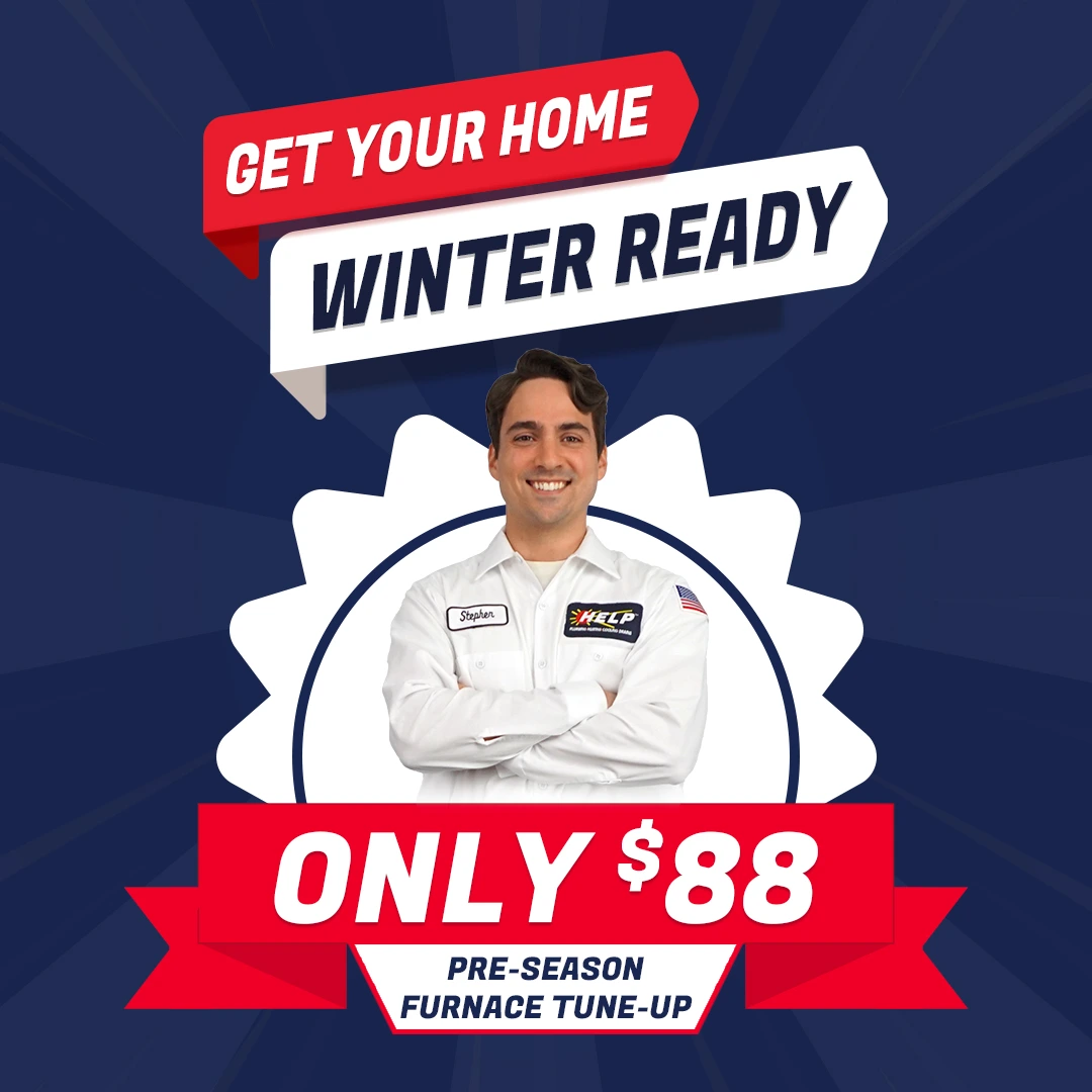 A smiling technician stands with arms crossed under text promoting a $88 pre-season furnace tune-up to get your home winter ready.