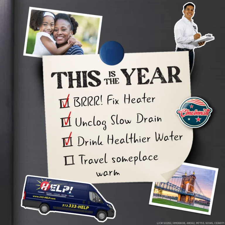 A bulletin board checklist of home tasks is surrounded by images of HELP team members, a service van, and Cincinnati landmarks.