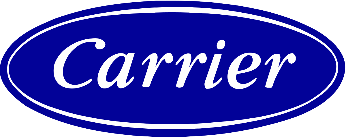 The Carrier logo features "Carrier" in white italic letters inside a blue oval with a white border, reflecting trusted HVAC solutions.