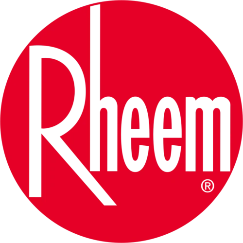 The Rheem logo features "Rheem" in bold black text on a bright red circle, proudly representing the trusted brand HELP offers.