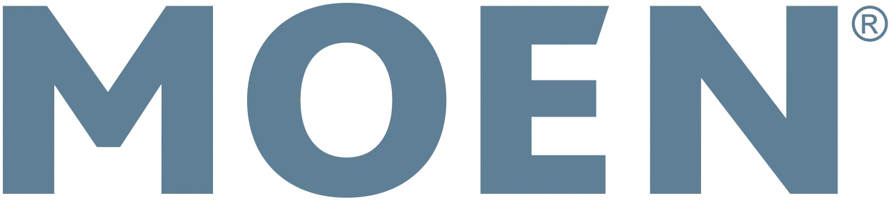 The Moen logo features bold, blue-gray capital letters and a registered trademark symbol at the top right, representing quality plumbing brands.