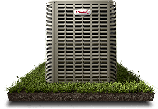 A Lennox AC unit from HELP sits on green grass, highlighting our commitment to quality cooling solutions and reliable service.