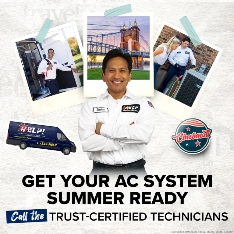 HELP team member in uniform smiles confidently, surrounded by HVAC service photos, company van, Cincinnati sign, and summer AC tips.