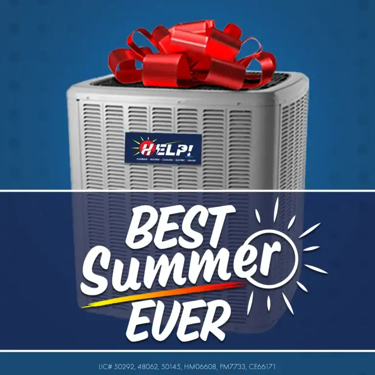 A gray HELP! air conditioning unit topped with a red bow, set against a blue background and displaying “Best Summer Ever.”.