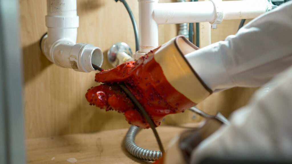 A HELP Plumbing technician in red gloves uses a plumbing snake to clear a clog in white PVC pipes beneath a customer’s sink.