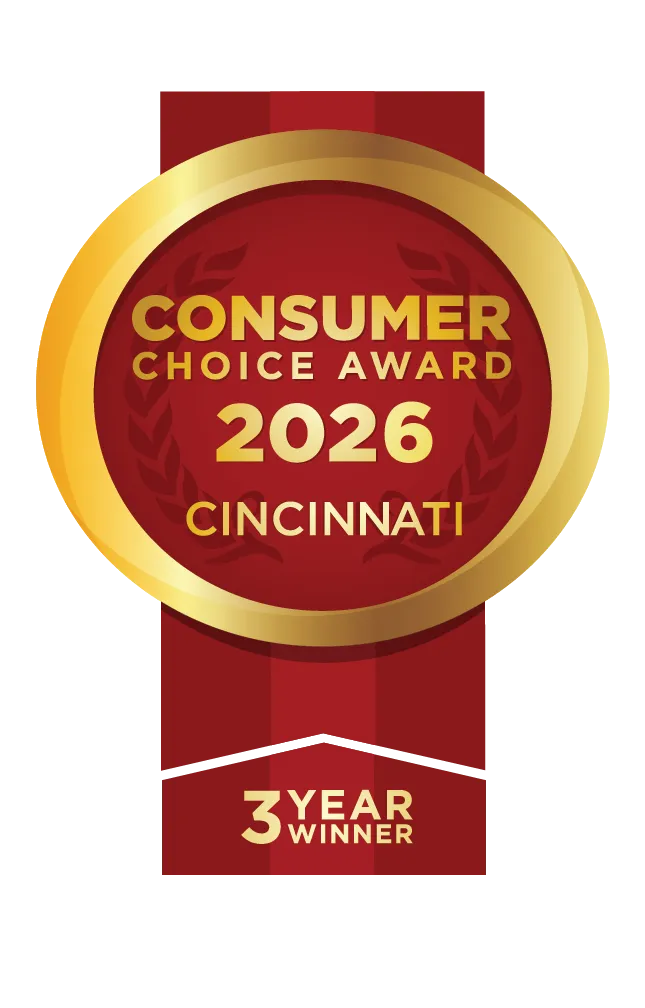 A red and gold badge proudly announces HELP Plumbing, Heating, Cooling and Drains as the 2026 Cincinnati Consumer Choice 3-Year Winner.
