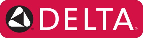 The Delta logo features a sleek black and white triangular symbol on the left, accompanied by the word “DELTA” in bold white letters set against a vibrant red rectangular background. This trusted brand is proudly used by the HELP Plumbing, Heating, Cooling and Drains team to deliver top-quality service to our valued customers.