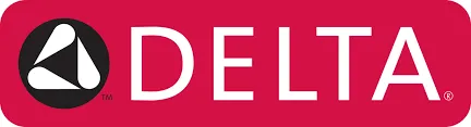 The Delta logo displays a crisp white triangular symbol set against a bold red background, positioned beside the word “DELTA” in large, clear white letters—a mark often seen on trusted plumbing equipment and fixtures used by the HELP Plumbing, Heating, Cooling and Drains team.